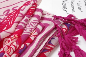 Close-up of ethnic geometric pattern fabric with woven tassels and soft texture