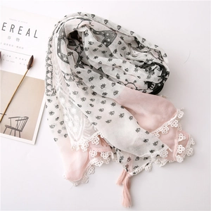 Lace cotton linen scarf with sun print and pink tassels for beach vacation styling