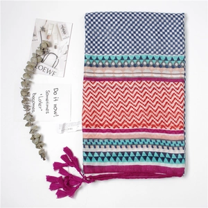 Women Large Cotton Shawl Scarf With Tassels Geometric Print Lightweight Beach Sun Protection Ethnic Bohemian Style