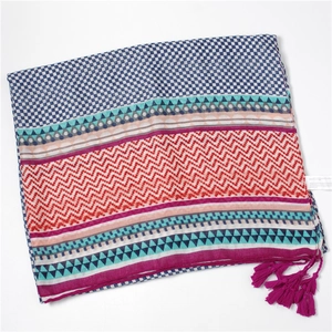 Extra large beach shawl with geometric patterns, colorful tassels and cotton fabric