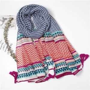 Ethnic geometric print beach shawl scarf with purple tassels on white background