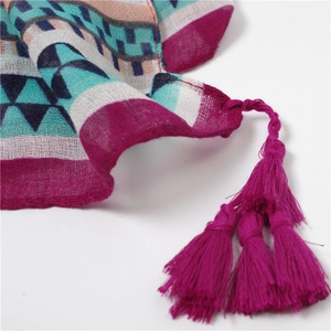 Bohemian oversized beach shawl with magenta tassels and geometric patterns for women