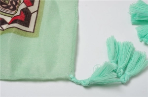 Close-up of mint green beach shawl featuring ethnic geometric prints and fringe details