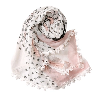 Chic cotton linen scarf with lace edges and pink elephant print for beach vacations