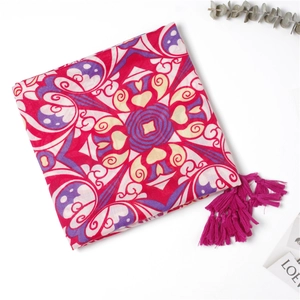 Ethnic bohemian cotton linen beach scarf with red mandala pattern and pink tassels