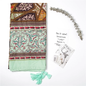 Retro geometric print long scarf with mint green tassels for summer beach sun protection