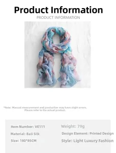 Floral print voile scarf detail showing 180x85cm size and lightweight material specs