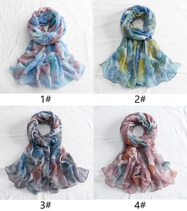 Detailed four-panel grid showing different floral print patterns on lightweight scarves