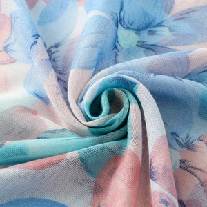 Lightweight watercolor floral print chiffon scarf for women in soft blue and pink tones