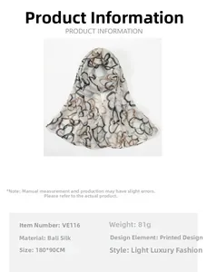 Detail view of heart print voile scarf with 180x90cm size and 81g weight specs