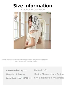 Detailed size chart for white rose lace wedding veil and polyester fringe shawl