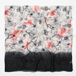 Detailed pattern of floral print voile scarf with pink orchids and grey ink leaves