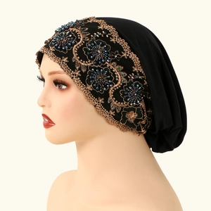 Women Beaded Embroidered Turban Cap Ethnic Lace Elastic Floral Headscarf Muslim Hijab Accessory Soft Decorative