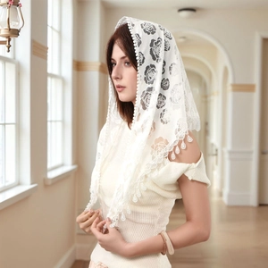 White lace mantilla bridal veil with rose embroidery and scalloped edges for church ceremonies