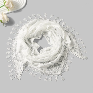 Macro detail of delicate rose lace pattern and scalloped droplet edges on white bridal veil