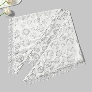 Detailed macro view of white lace rose pattern embroidery with elegant droplet lace edges