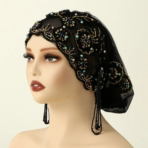 Damen Perlen Turban Kappe Netz Kopftuch Mit Quasten Und Pailletten Ethnisch Hohl Aus Vintage Kopfbedeckung Polyester