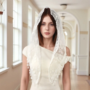 Elegant white lace mantilla veil with floral embroidery and hanging tassel trim for women