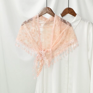 Detailed pink floral lace shawl with delicate drop-shaped trim and a front tie closure