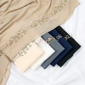 Ethnic chiffon headscarf with floral embroidery fringe in six assorted elegant colors