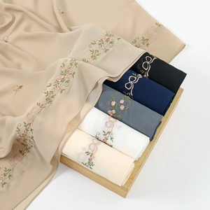 Ethnic style chiffon headscarf with pink floral and bow embroidery in beige color