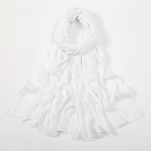 Detail of lightweight white polyester scarf showing sheer breathable chiffon texture
