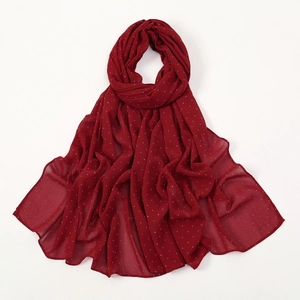 Deep red pearl chiffon long scarf with white sparkling rhinestones for women