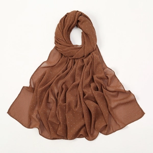Dark brown pearl chiffon long hijab for women featuring sparkling white rhinestone dots