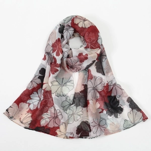Elegant floral print soft voile scarf for women with large red and grey blossoms