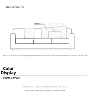 Detailed size guide showing a 45x45cm cushion on a 230cm three-seater sofa scale