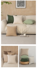 Detail of solid color popcorn textured knit pillow cover in earthy tones on a sofa