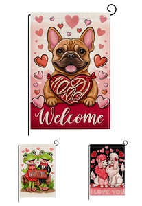 Detail of high-quality linen garden flags featuring cute cartoon dogs and frogs for Valentine