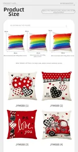 Size chart and details of four linen Valentine's pillow covers with heart patterns