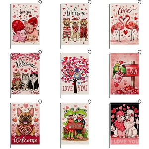 Nine colorful Valentine's Day garden flags with animal prints and linen texture banners
