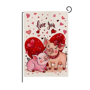 Love You Valentine garden flag featuring cute pink pigs and hearts on burlap texture