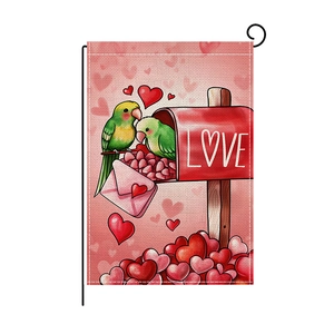 Valentine's Day garden flag with love birds and mailbox design on black metal stand