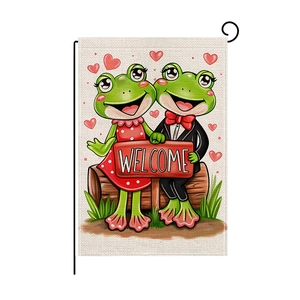 Valentine's Day garden flag with cute frog couple and red hearts on rustic linen fabric