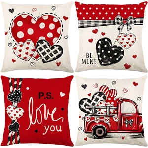 Set of four Valentine's Day pillow covers with hearts, truck designs and festive letters