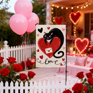 Bandiera da Giardino per San Valentino Motivo a Cuore Finto Lino Stampa Fronte Retro Banner Decorativo per Esterni Con Supporto