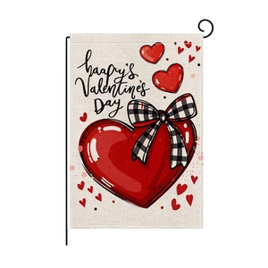 Bandiera da giardino per San Valentino con cuore rosso e fiocco su tessuto di lino