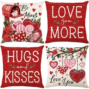 Set of four Valentine's Day pillow covers with red hearts and romantic letter prints