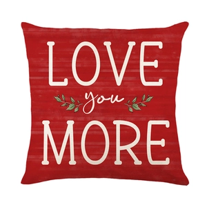 Red square Valentine's pillow case with white Love More You text and leaf design