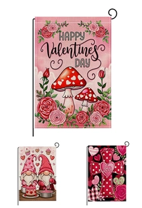 Three Valentine garden flags featuring gnomes, hearts, and roses on a linen texture