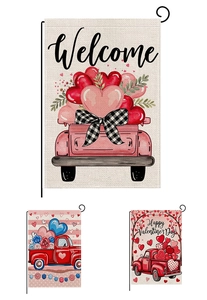 Detail of linen Valentine's Day garden flags with vintage truck and heart patterns