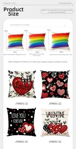 Size guide for Valentine heart pillow covers showing 40cm, 45cm, and 50cm dimensions