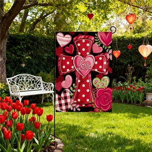 Valentine's Day garden flag with Love heart cross design for outdoor patio decor