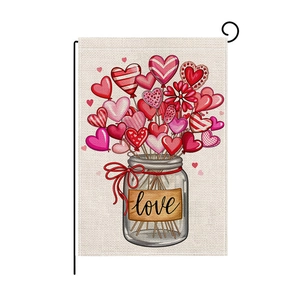 Custom Valentine's Day garden flag with hearts in a mason jar on premium linen fabric