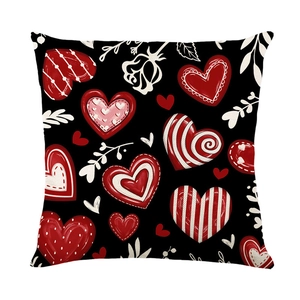 Square Valentine's Day pillowcase with red hearts and white flowers on black fabric