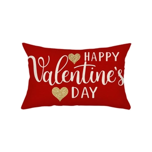Funda de cojín roja de San Valentín con texto Happy Valentine's Day y corazones dorados