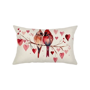Housse de coussin de la Saint-Valentin avec cardinaux rouges et motifs de cœurs en lin